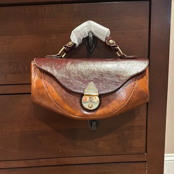 vintage inspired Handbags - Brown Vegan Leather Clutch with Decorative Clasp and Structured Design